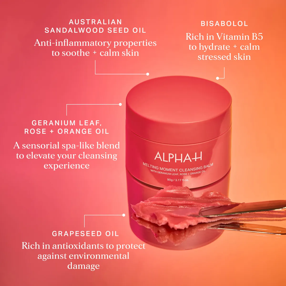 Alpha-H Melting Moment Cleansing Balm with Geranium Leaf Rose + Orange Oil 90g, view 6