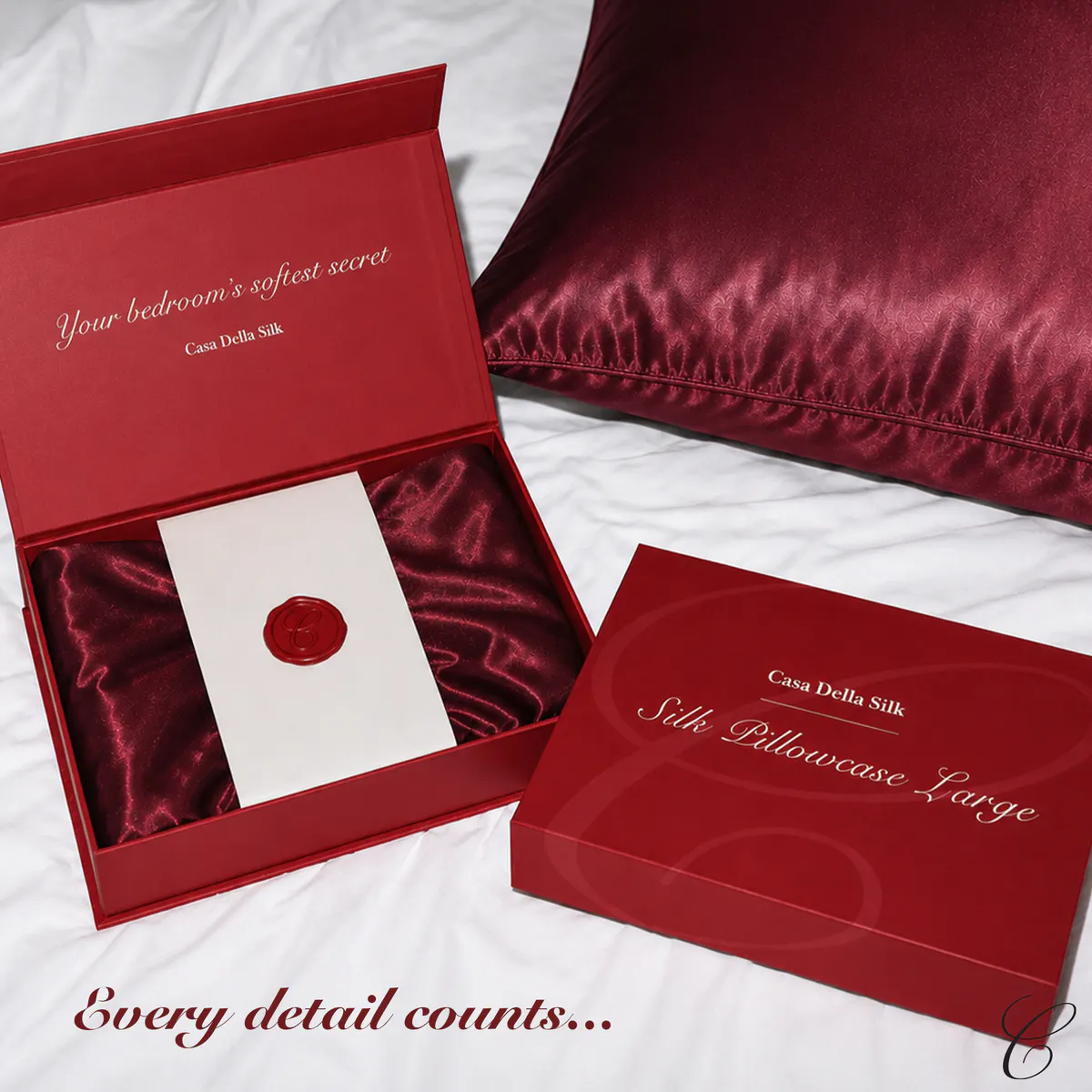 Casa Della Silk Dolce Mulberry Silk Pillowcase – Large – Bordeaux Red, view 7