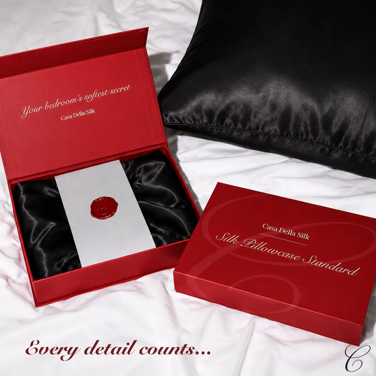 Casa Della Silk Dolce Mulberry Silk Pillowcase – Standard – Midnight Noir, view 7