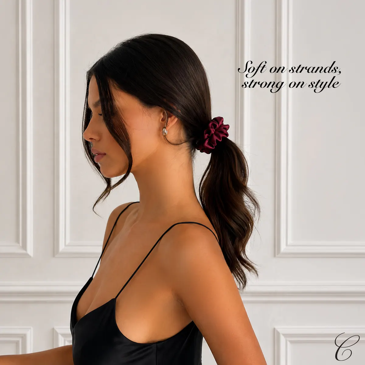 Casa Della Silk Grande Mulberry Silk Scrunchies x3 – Large – Bordeaux Red, view 2