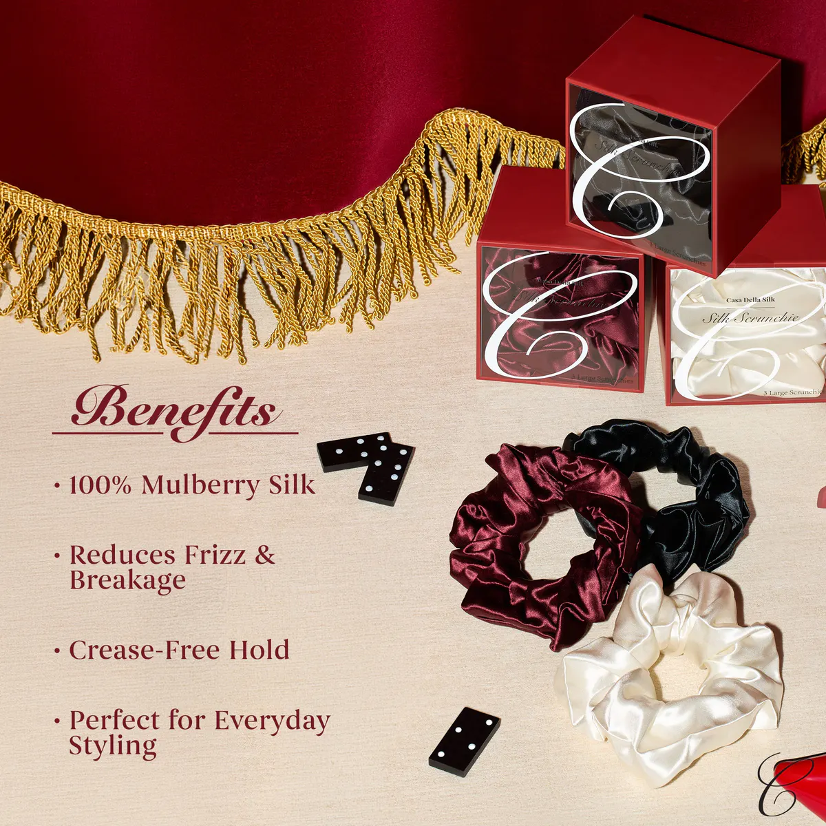 Casa Della Silk Grande Mulberry Silk Scrunchies x3 – Large – Bordeaux Red, view 3