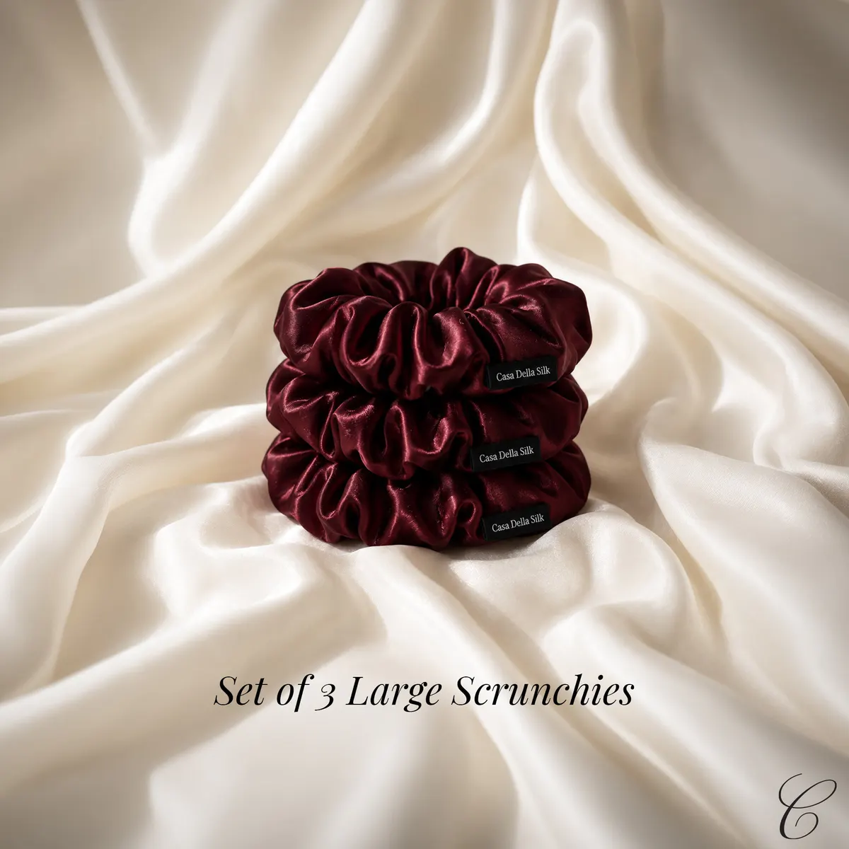 Casa Della Silk Grande Mulberry Silk Scrunchies x3 – Large – Bordeaux Red, view 6
