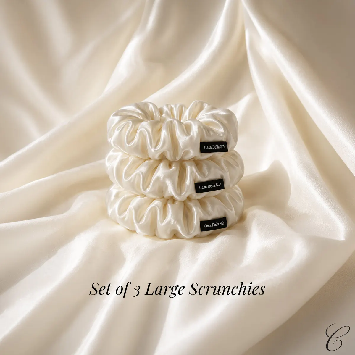 Casa Della Silk Grande Mulberry Silk Scrunchies x3 – Large – Classic Ivory, view 6