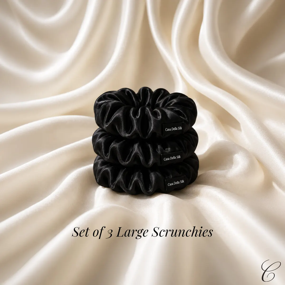 Casa Della Silk Grande Mulberry Silk Scrunchies x3 – Large – Midnight Noir, view 6