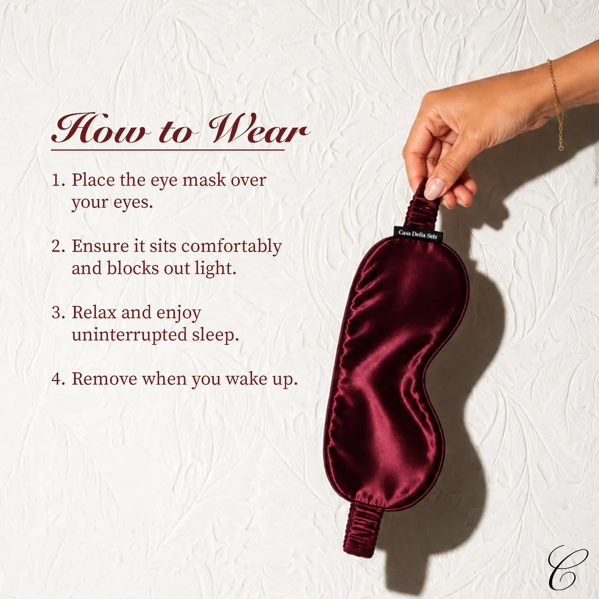 Casa Della Silk La Notte Mulberry Silk Sleep Mask – Bordeaux Red, view 6