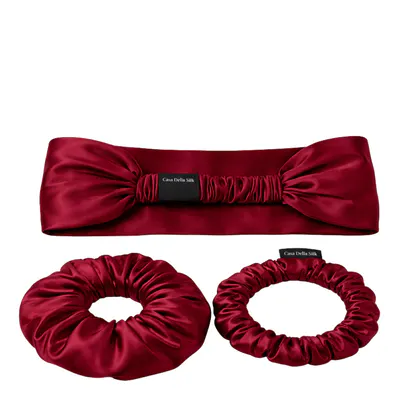 Casa Della Silk Mulberry Silk Luxury Hair Accessory Trio Bundle - Bordeaux Red