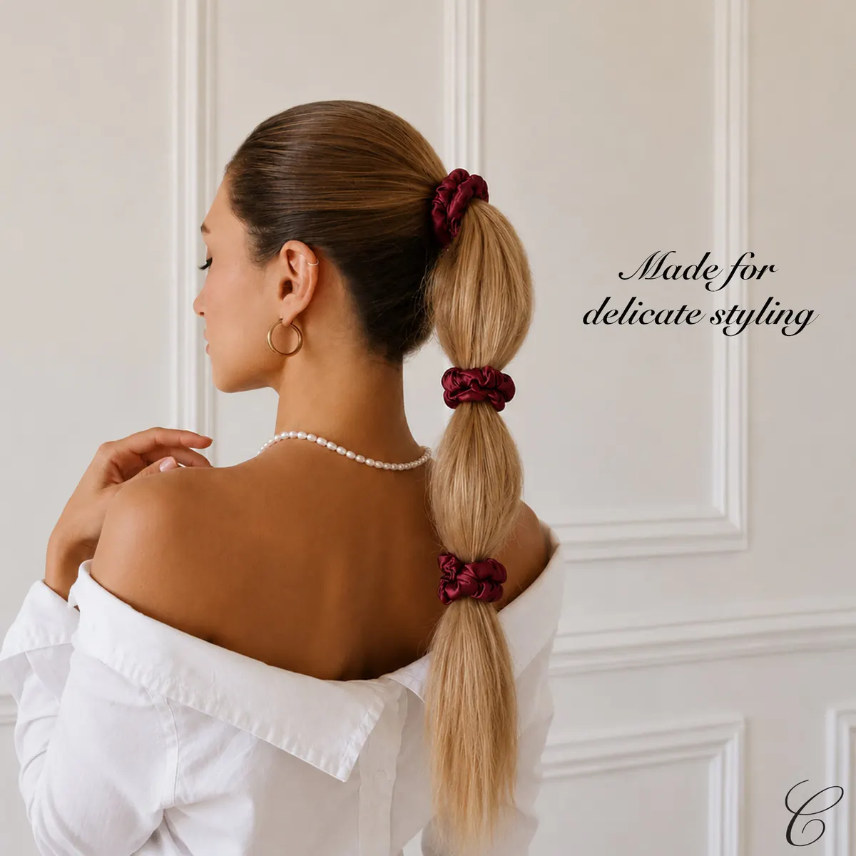Casa Della Silk Petite Mulberry Silk Scrunchies x6, Small, Bordeaux Red, view 2