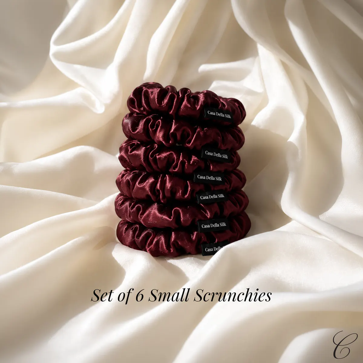 Casa Della Silk Petite Mulberry Silk Scrunchies x6, Small, Bordeaux Red, view 5