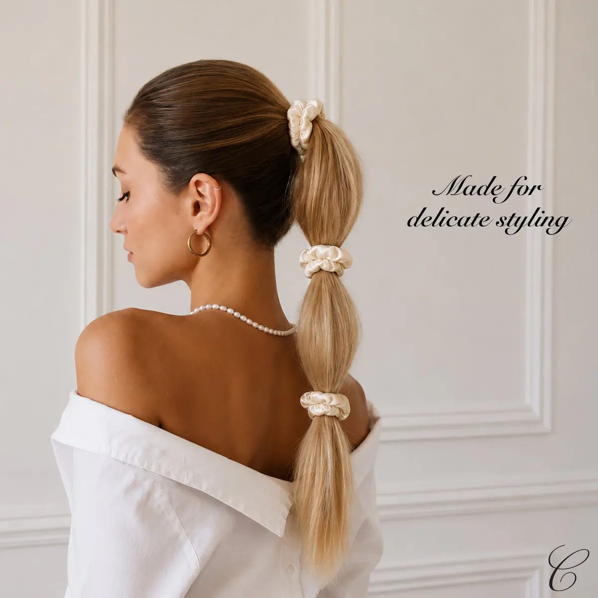 Casa Della Silk Petite Mulberry Silk Scrunchies x6, Small, Classic Ivory, view 2