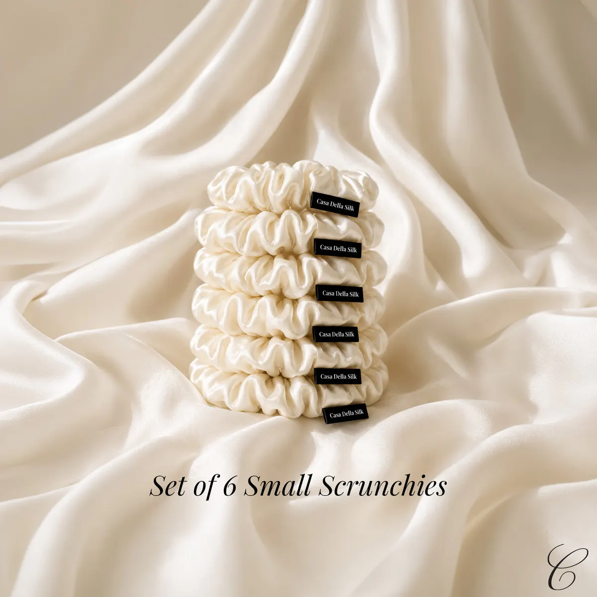 Casa Della Silk Petite Mulberry Silk Scrunchies x6, Small, Classic Ivory, view 6