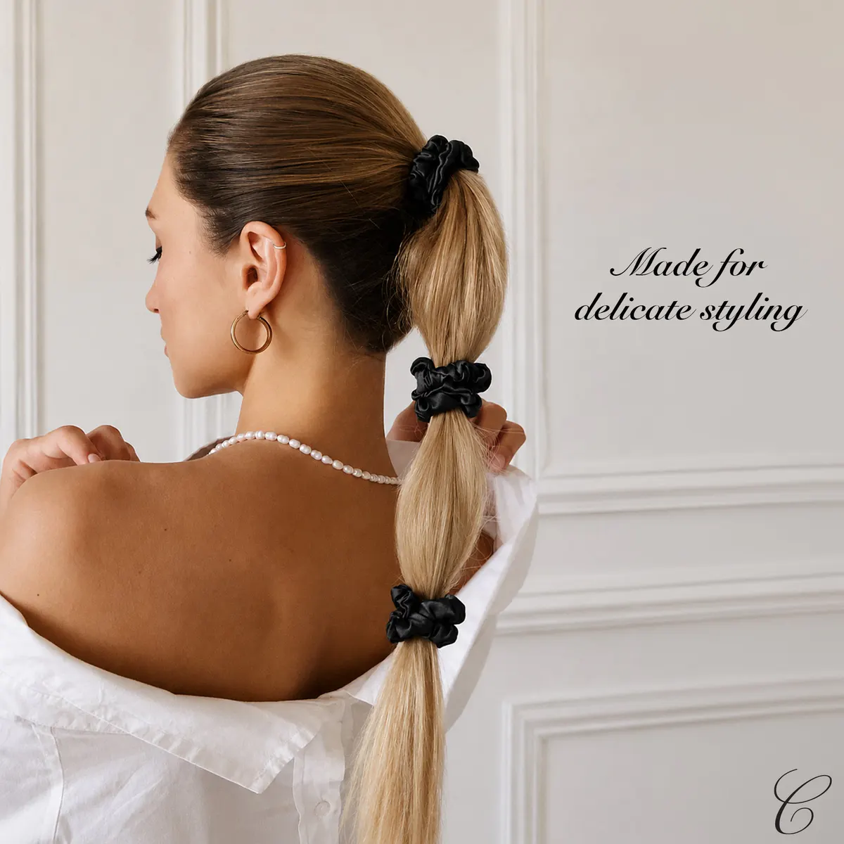 Casa Della Silk Petite Mulberry Silk Scrunchies x6, Small, Midnight Noir, view 2
