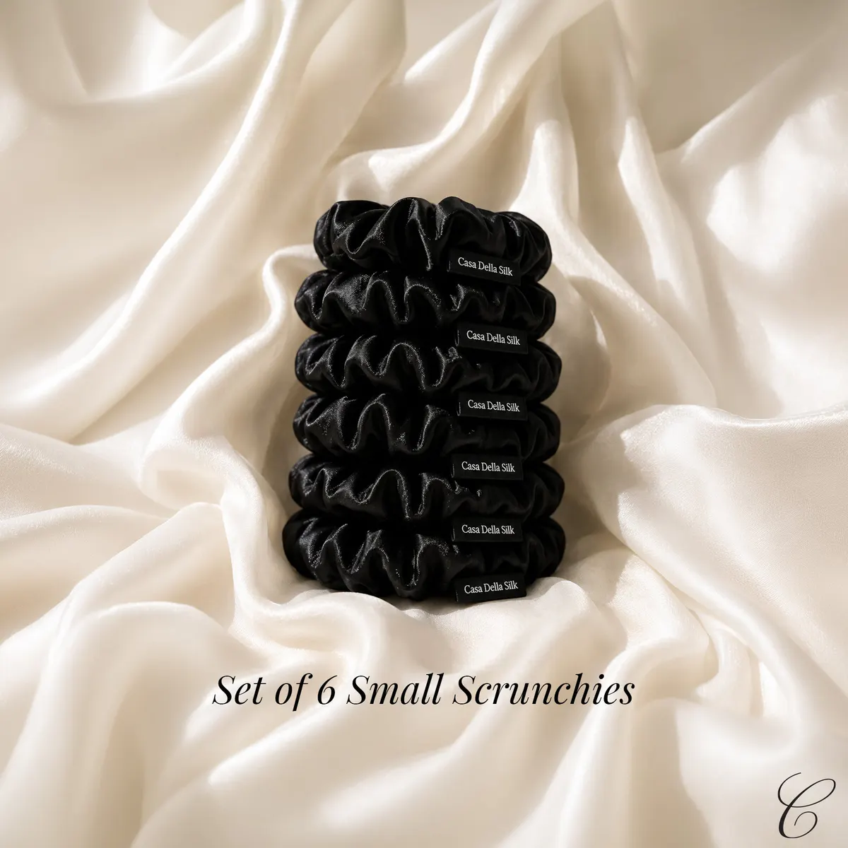 Casa Della Silk Petite Mulberry Silk Scrunchies x6, Small, Midnight Noir, view 6