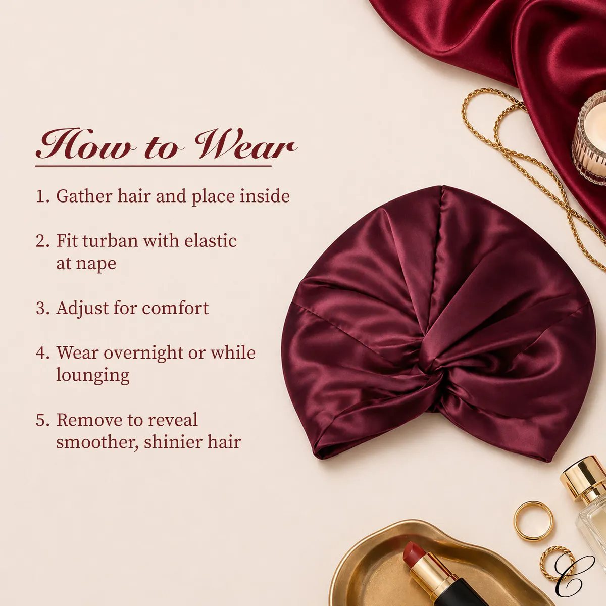 Casa Della Silk Rituale Mulberry Silk Hair Turban, Bordeaux Red, view 6