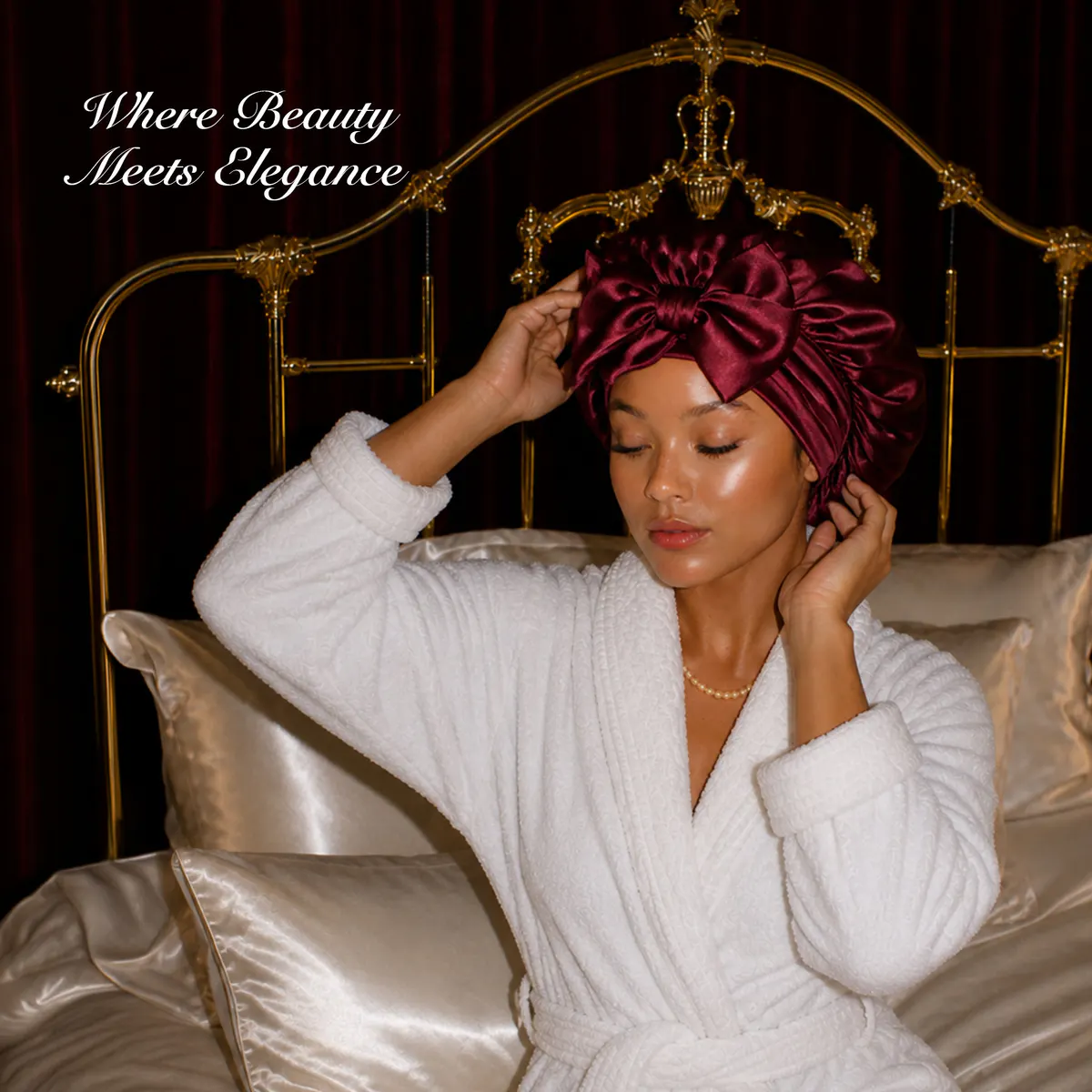 Casa Della Silk Serenita Mulberry Silk Hair Bonnet, Bordeaux Red, view 2
