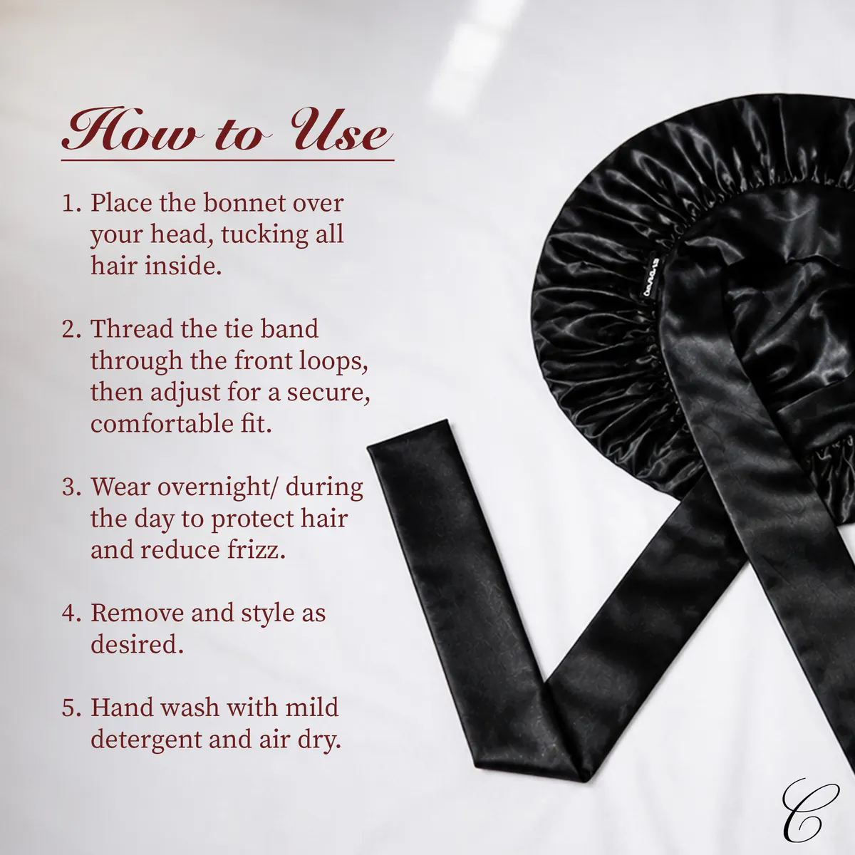 Casa Della Silk Serenita Mulberry Silk Hair Bonnet, Midnight Noir, view 6