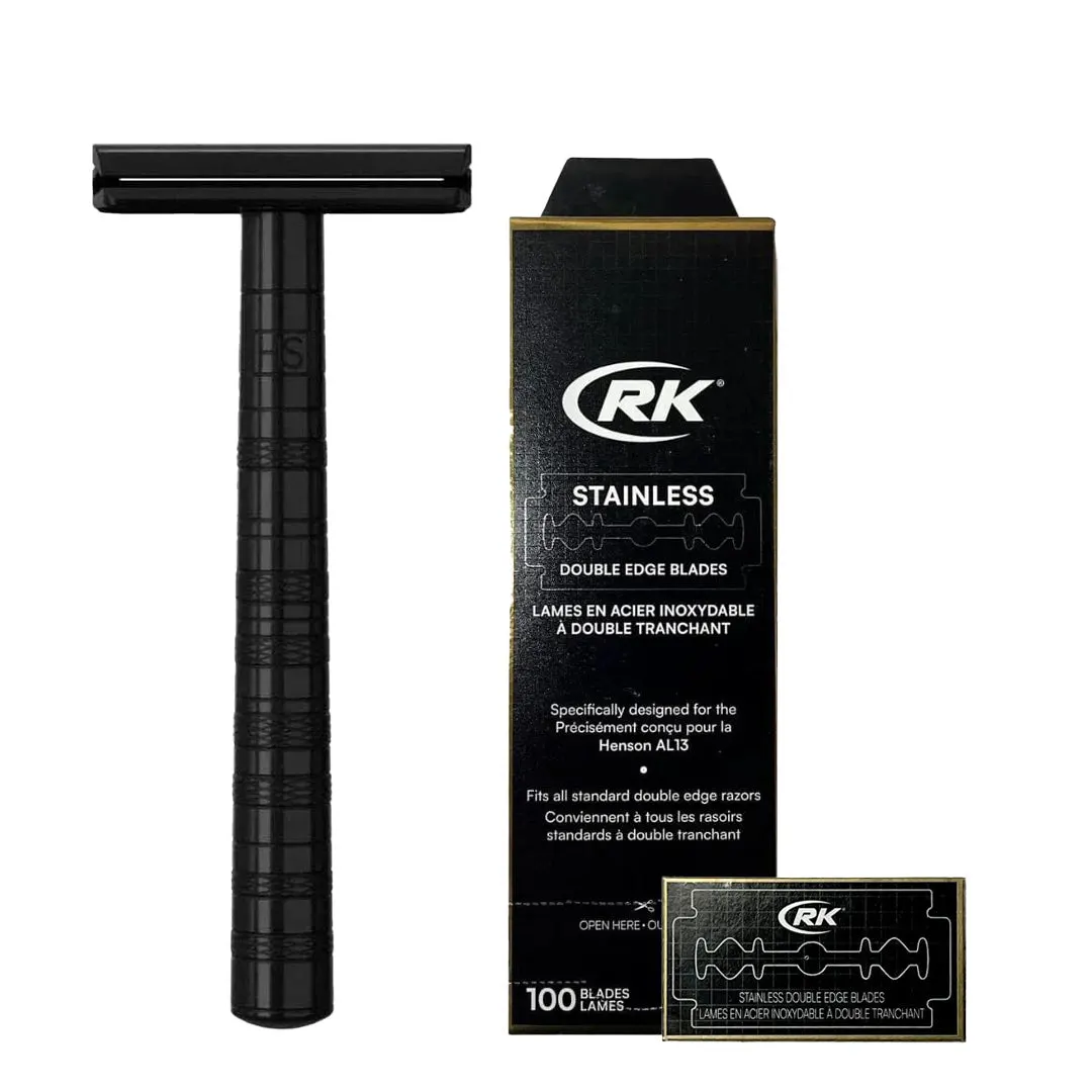 Henson Shaving AL13-M DE Safety Razor Jet Black & Blades Bundle