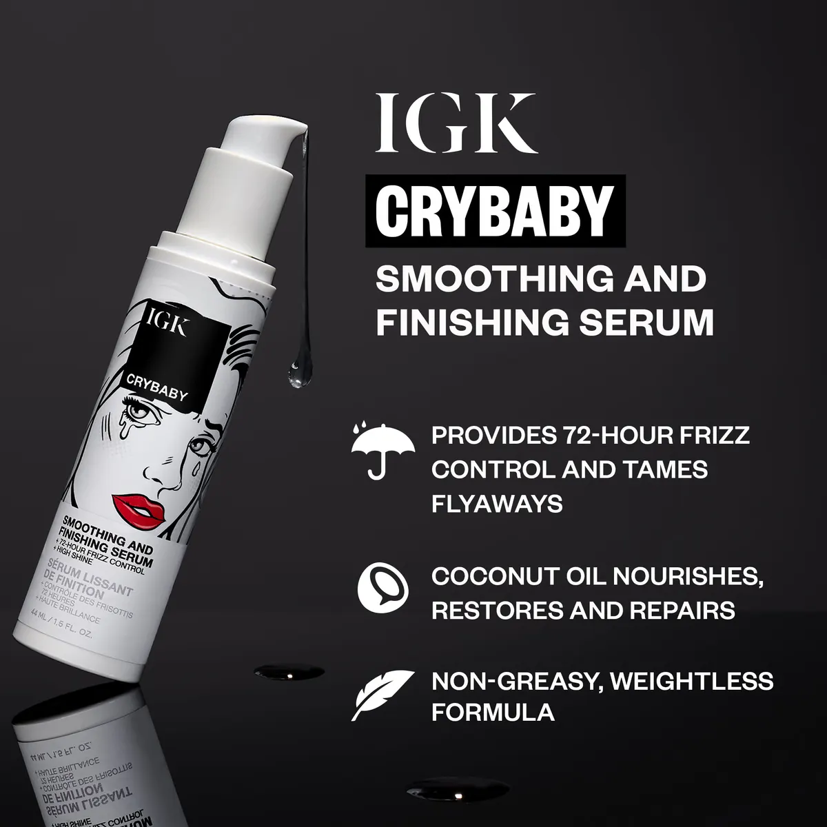IGK Cry Baby Anti-Frizz & Shine Smoothing Serum 44ml, view 2