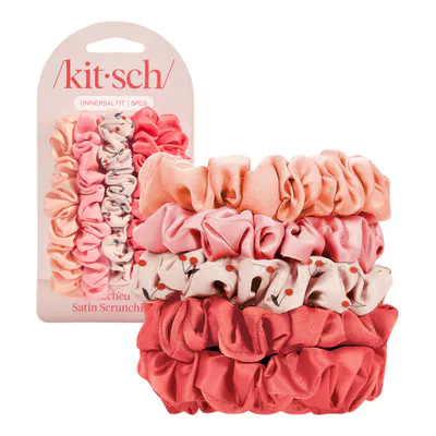 Kitsch Ruched Satin Scrunchies 5pc Set - Assorted Cherry Blossom
