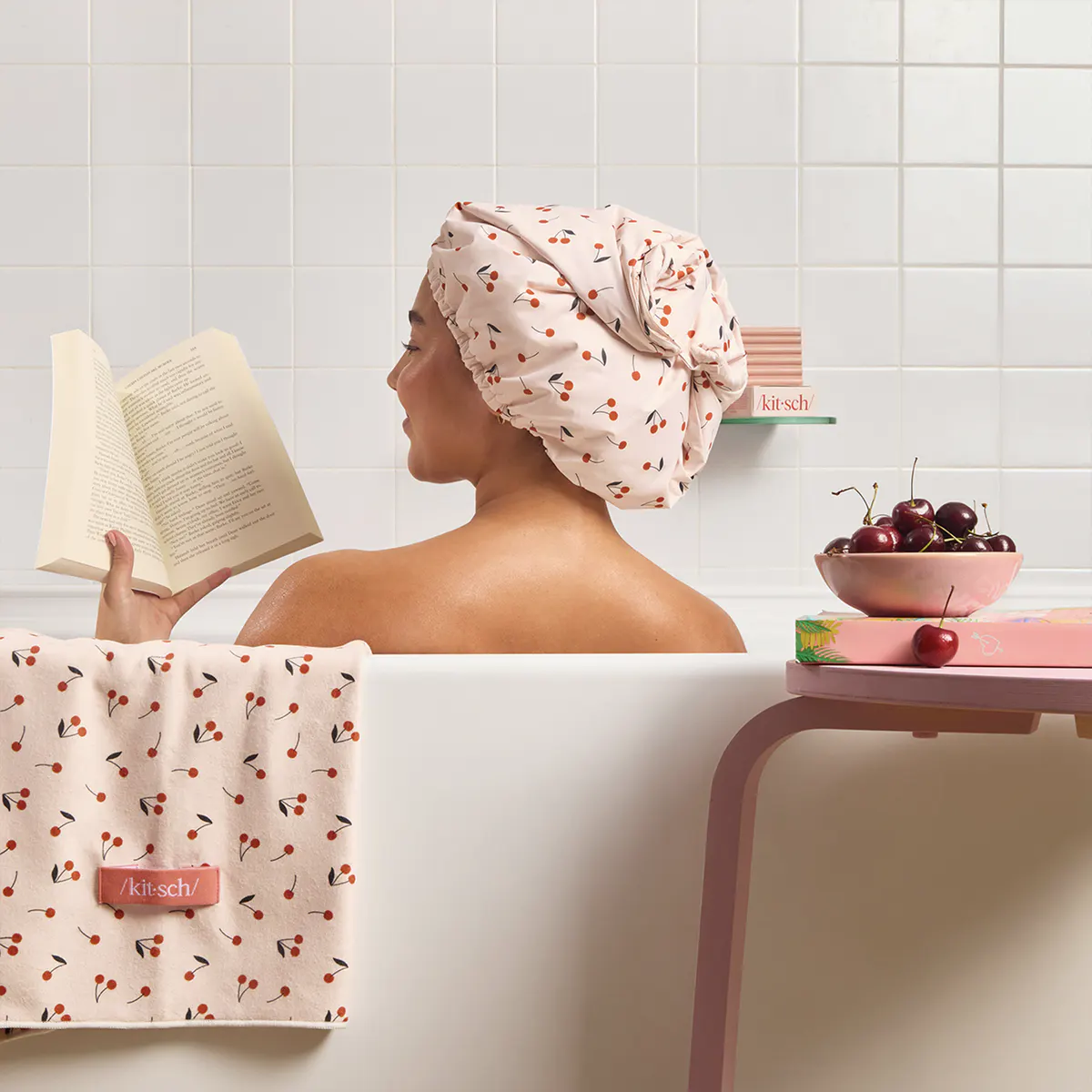 Kitsch Satin-lined Flexi Shower Cap - Cherry Print, view 3