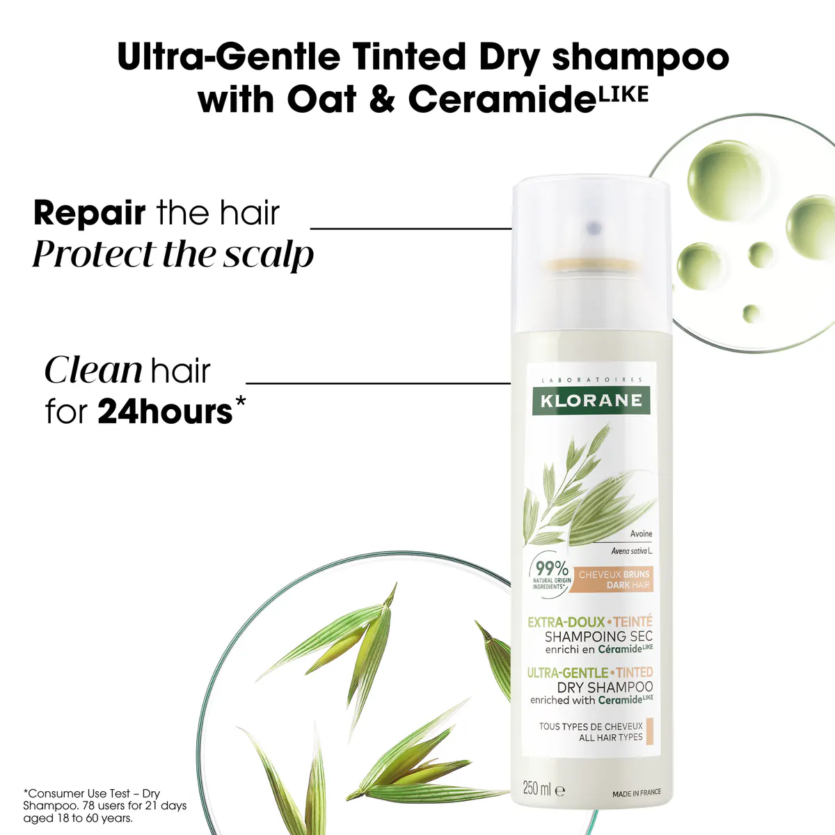 Klorane Ultra-Gentle Tinted Dry Shampoo With Oat and Ceramide Like 250ml, view 3