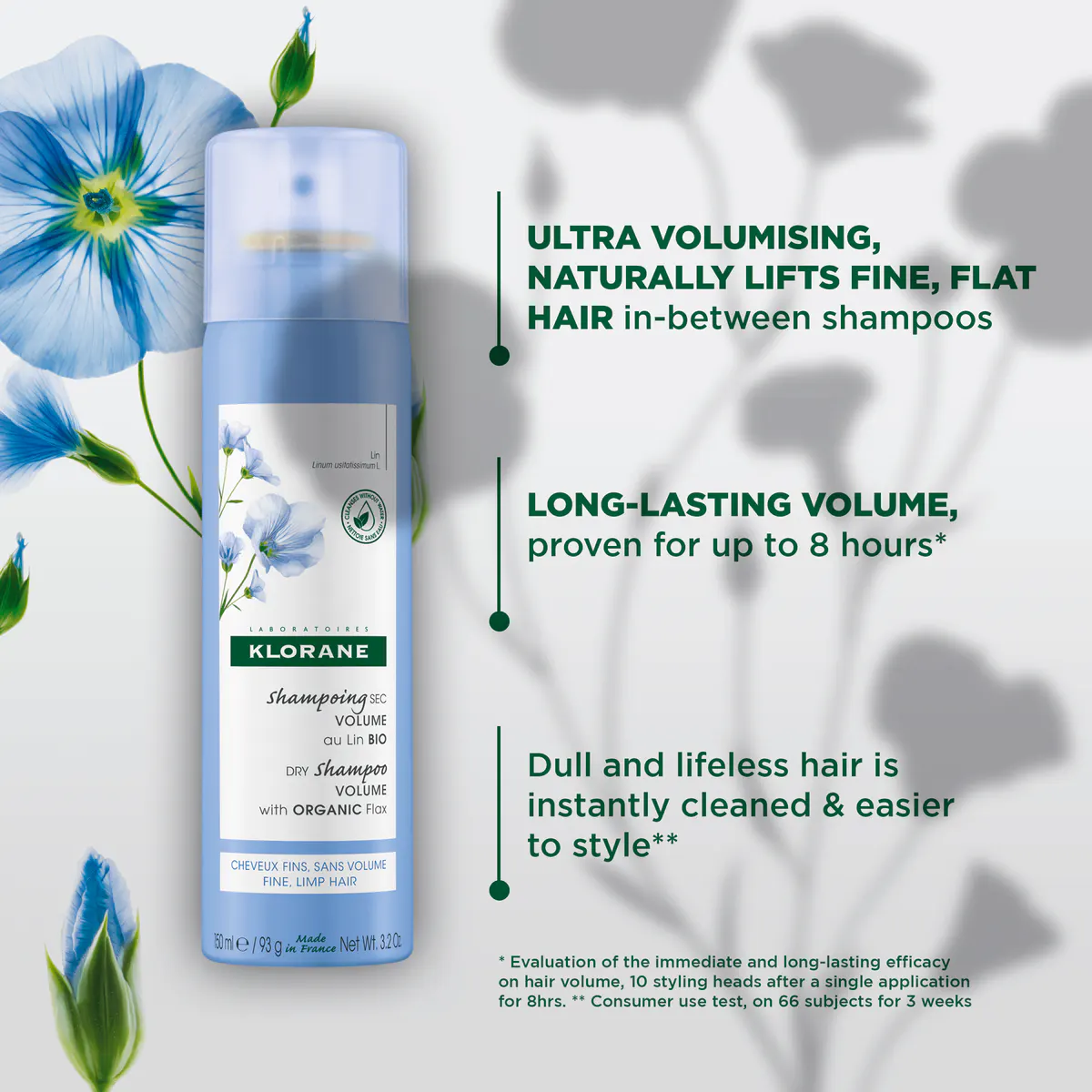 Klorane Dry Shampoo with Organic Flax 150ml - XL Volume - Fine and Flat Hair, view 3