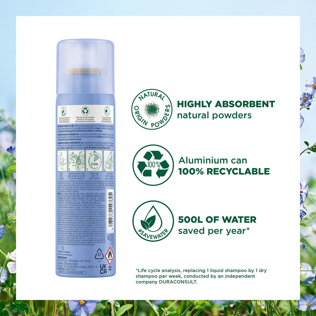 Klorane Dry Shampoo with Organic Flax 150ml - XL Volume - Fine and Flat Hair, view 4