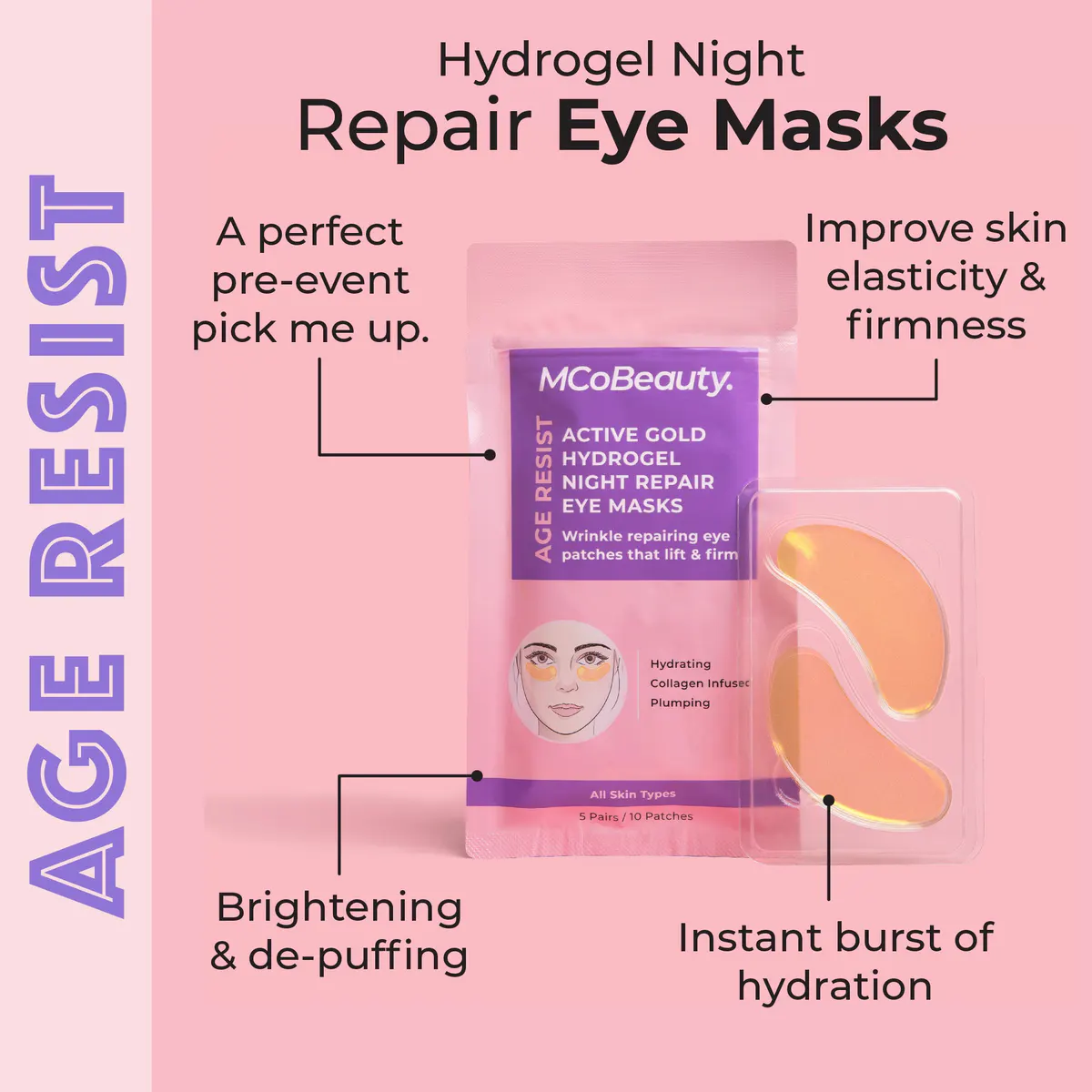 MCoBeauty Age Resist Active Gold Hydrogel Night Repair Eye Masks - 5 Pairs / 10 Patches, view 4