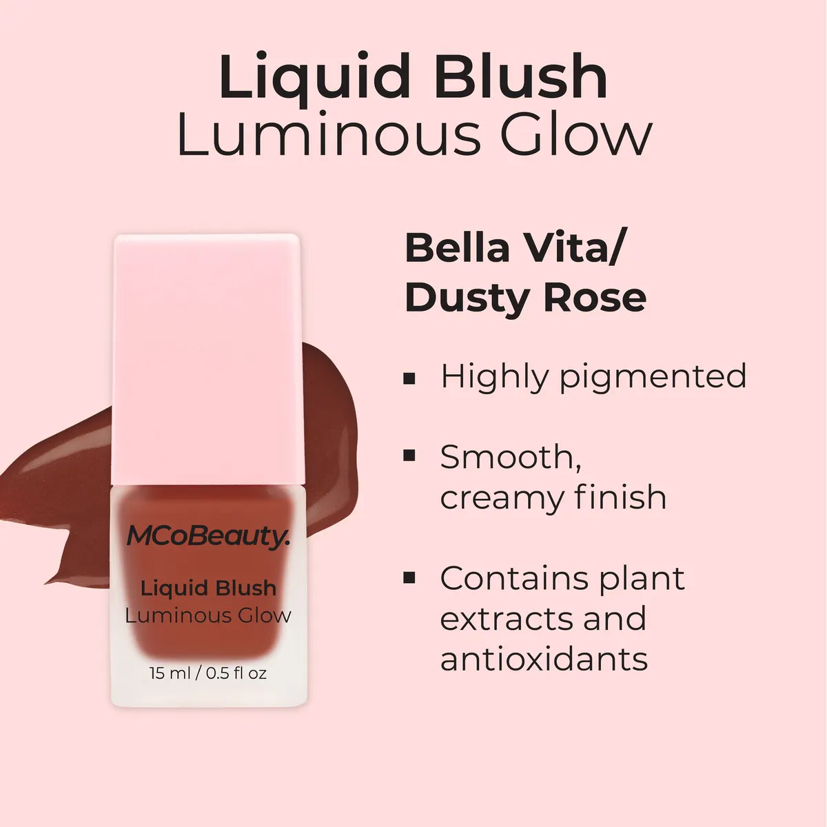 MCoBeauty Luminous Glow Liquid Blush - Bella Vita (Dusty Rose), view 5
