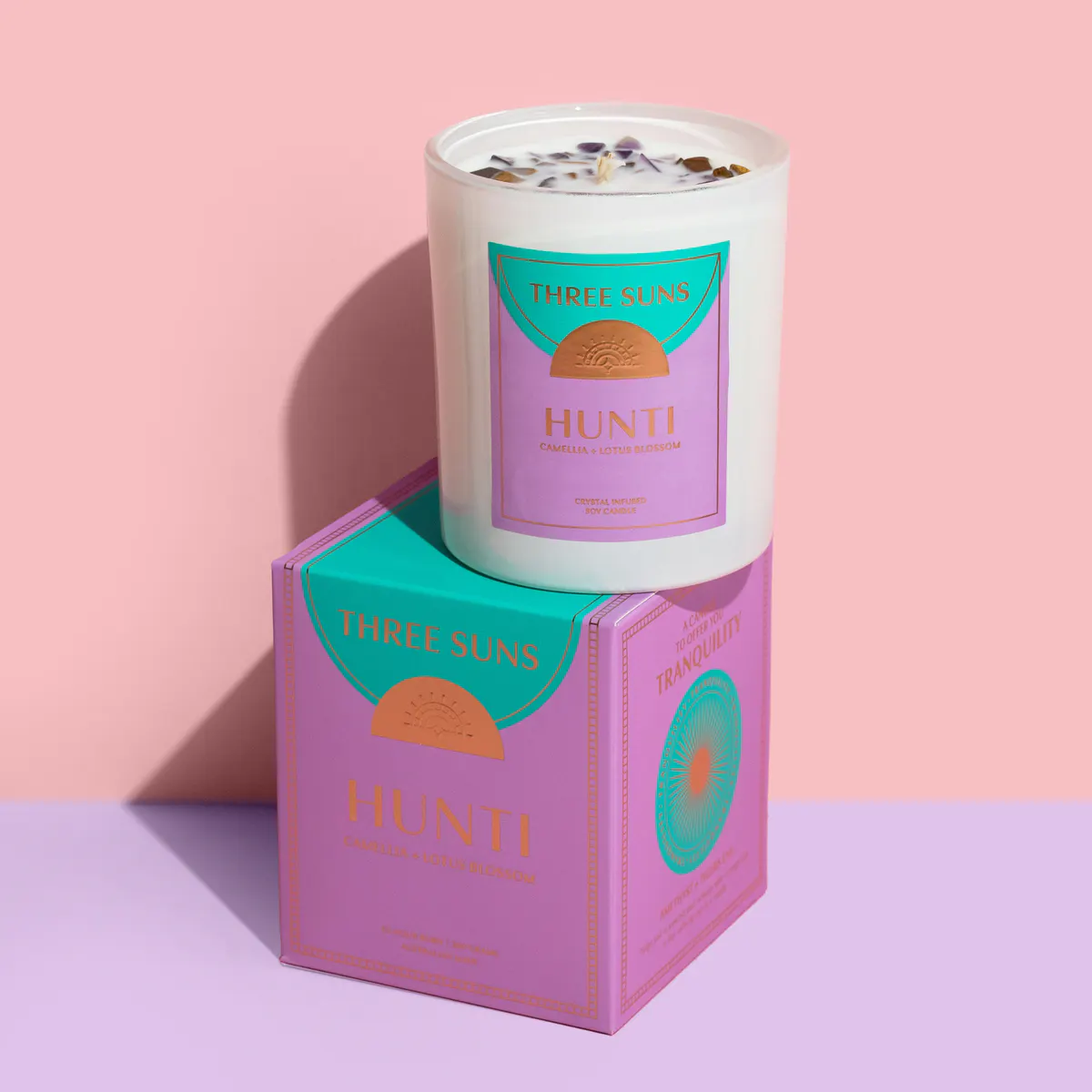 Three Suns Hunti Crystal Infused Candle Of Tranquility 300g - Camellia & Lotus Blossom, view 2
