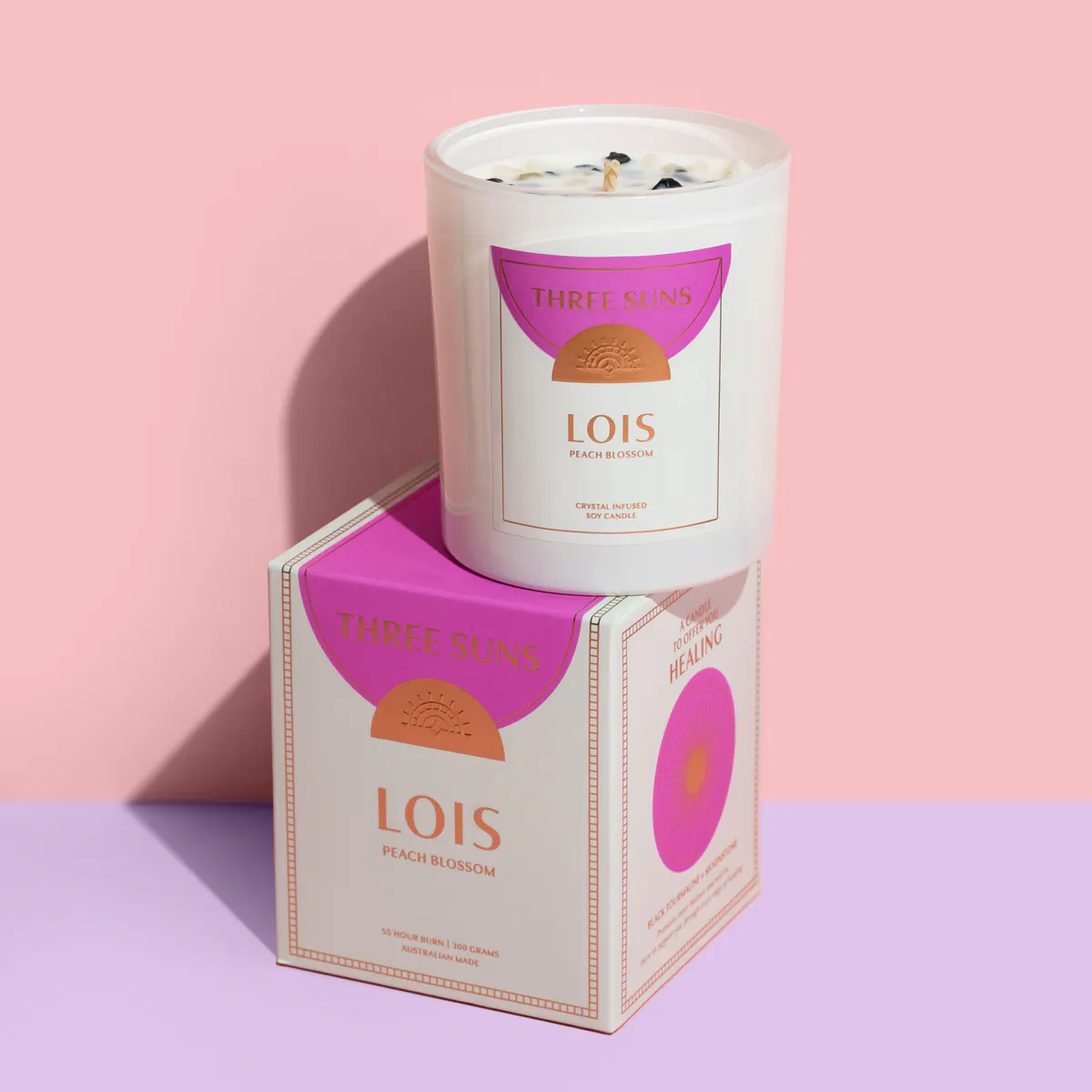 Three Suns Lois Crystal Infused Candle Of Healing 300g - Peach Blossom, view 2