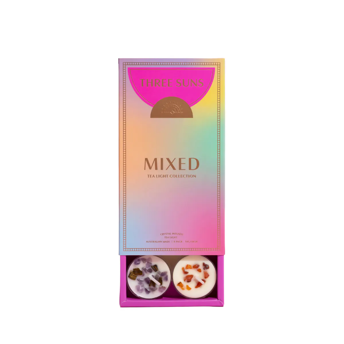 Three Suns Mixed Crystal Infused Natural Soy Tea Lights Box - 8 Pack