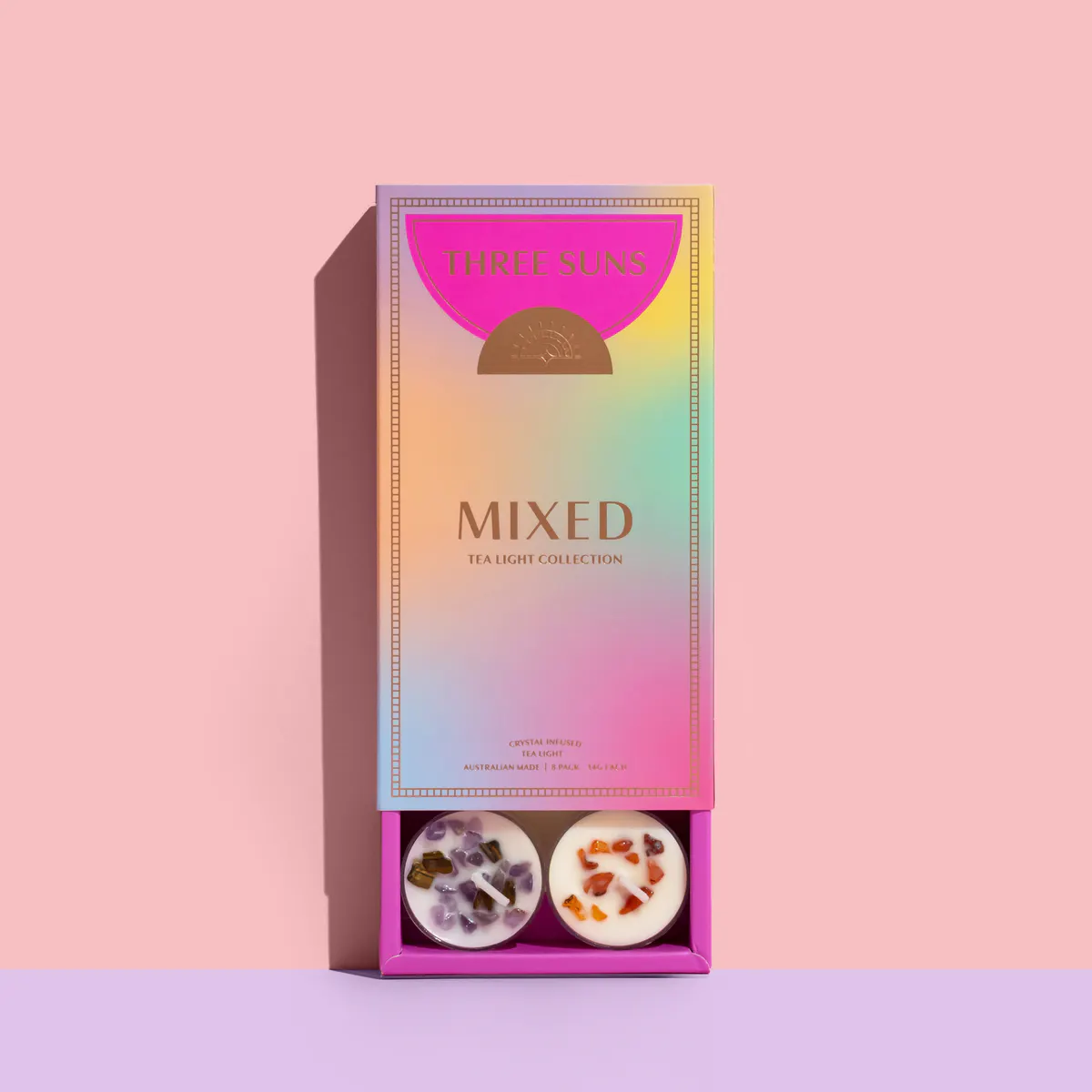 Three Suns Mixed Crystal Infused Natural Soy Tea Lights Box - 8 Pack, view 2
