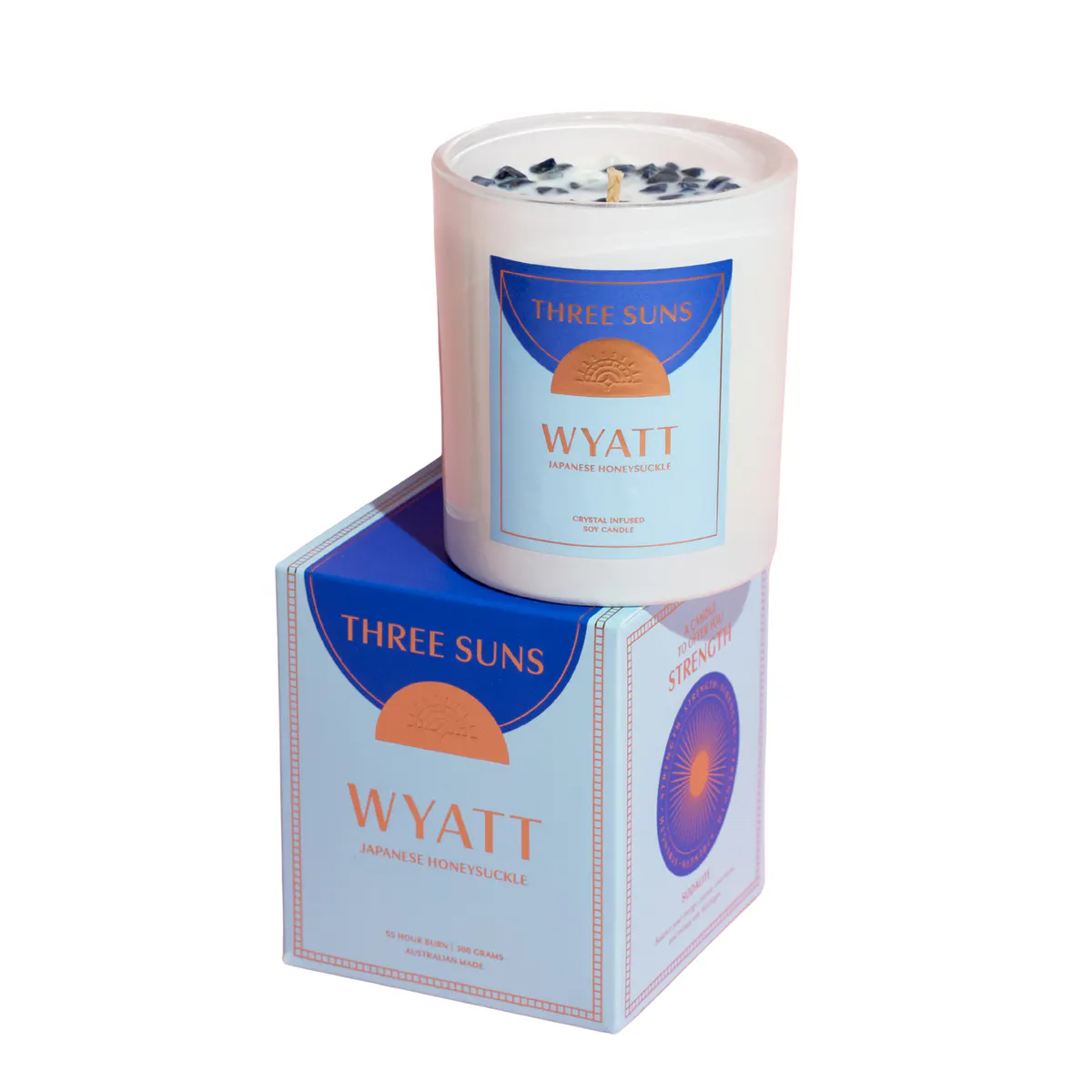 Three Suns Wyatt Crystal Infused Candle Of Strength 300g - Japanese Honeysuckle
