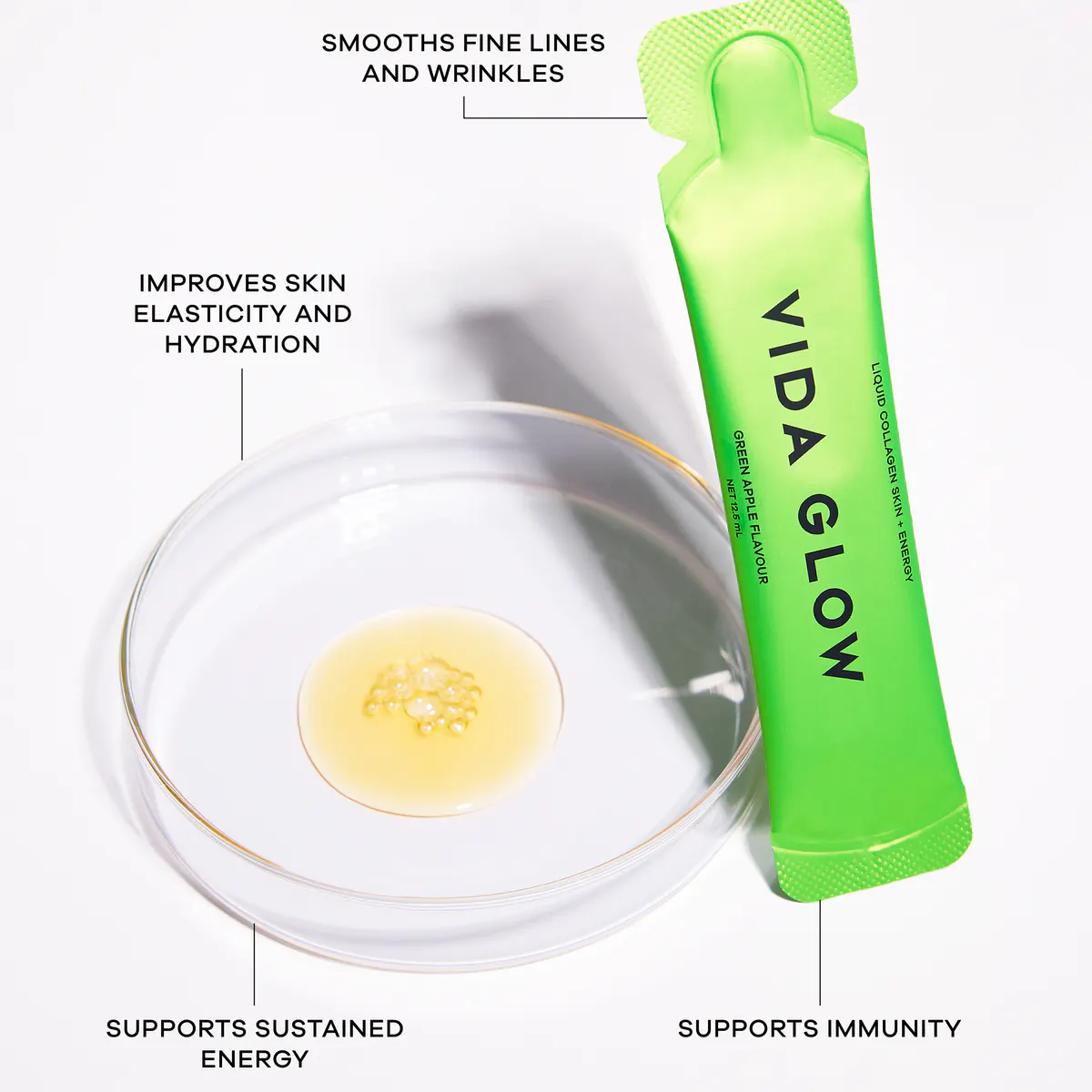 Vida Glow Liquid Collagen Skin + Energy Green Apple 15 x 12.5ml Sachets, view 6